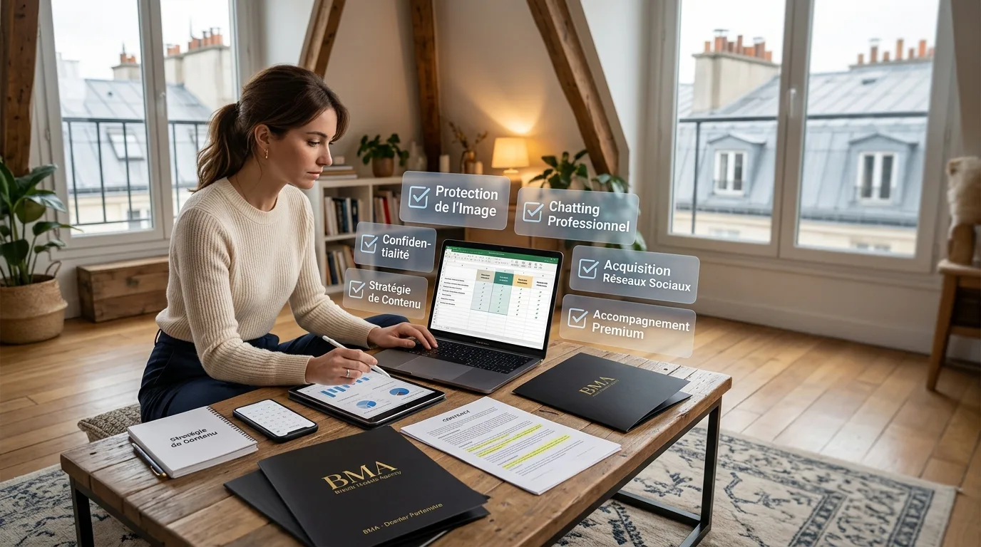 Créatrice comparant des offres d'agences sur un ordinateur portable